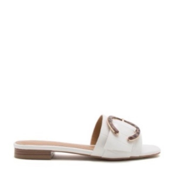 White Croc Slides with Tortoise Shell Buckle - Picture 5 of 8